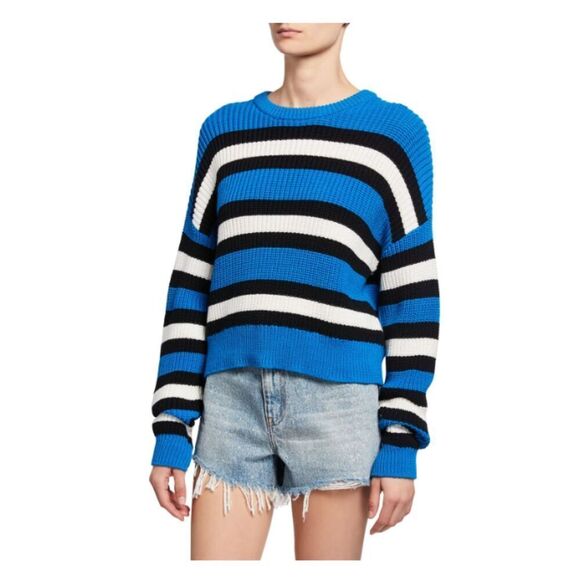 A.L.C. Matthews Pullover Sweater Cropped Crewneck Blue White Black Oversized XS - Picture 1 of 10
